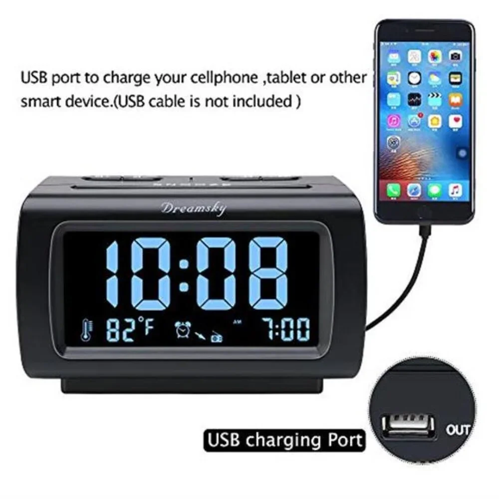 Digital Alarm Clock FM Radio USB Charging Large Display Bedroom Snooze Timer